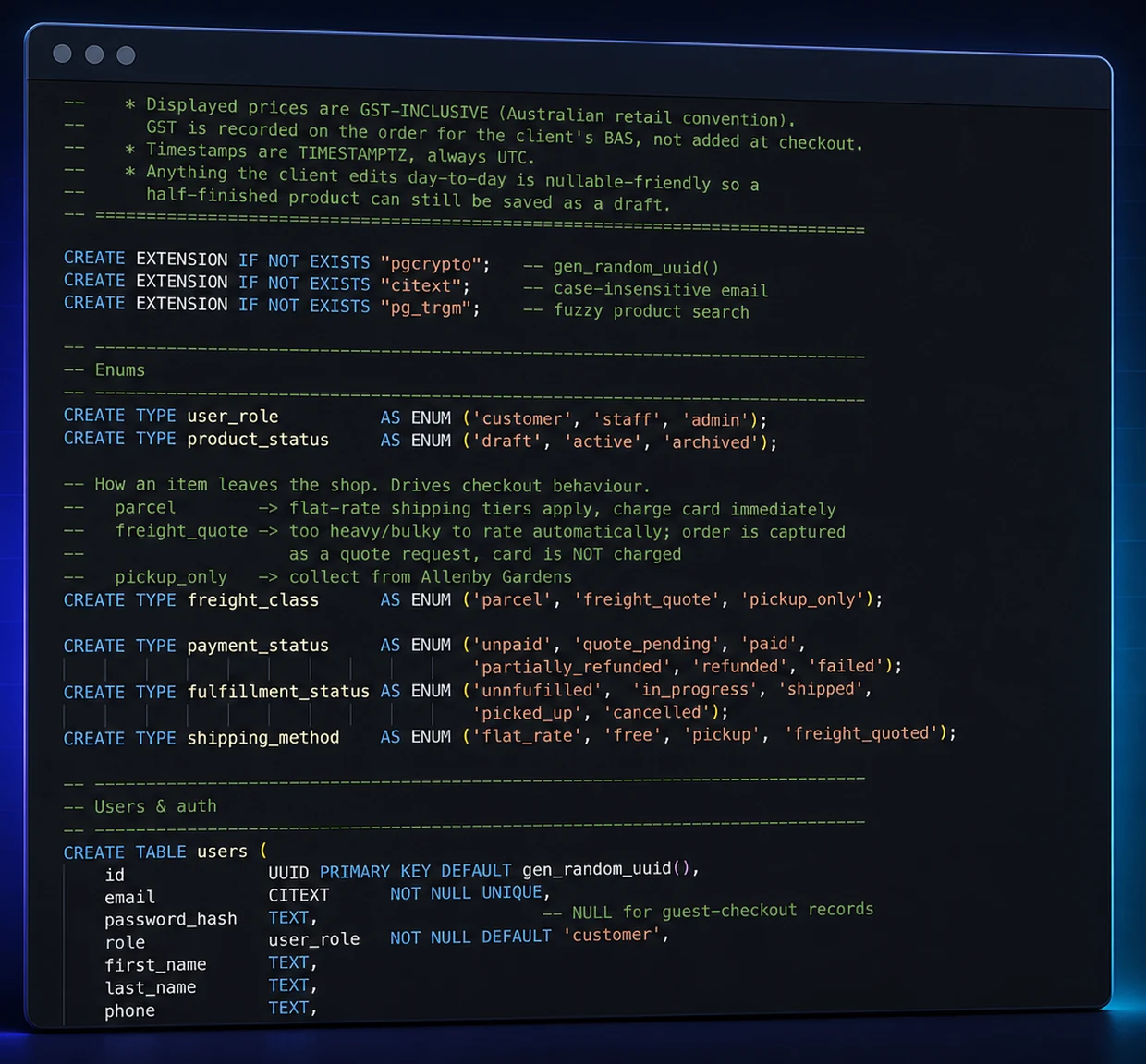 The PostgreSQL schema behind the MLC 4X4 store, showing freight classes, payment and fulfilment states, and the users table.